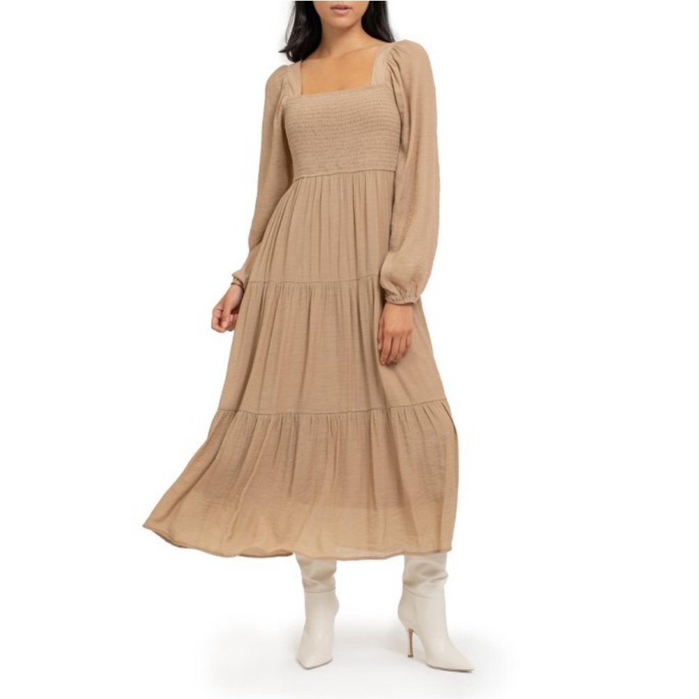 August Sky Women’s Long Sleeve Smocked Midi Tan Dress